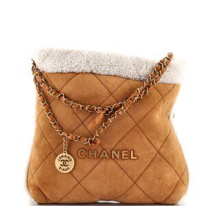 Chanel Small 22 Chain Hobo Quilted Suede and Shearling
